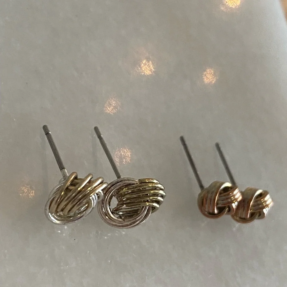 Vintage Elegant Gold tone and Silver tone Knot stud Earrings 2 pair